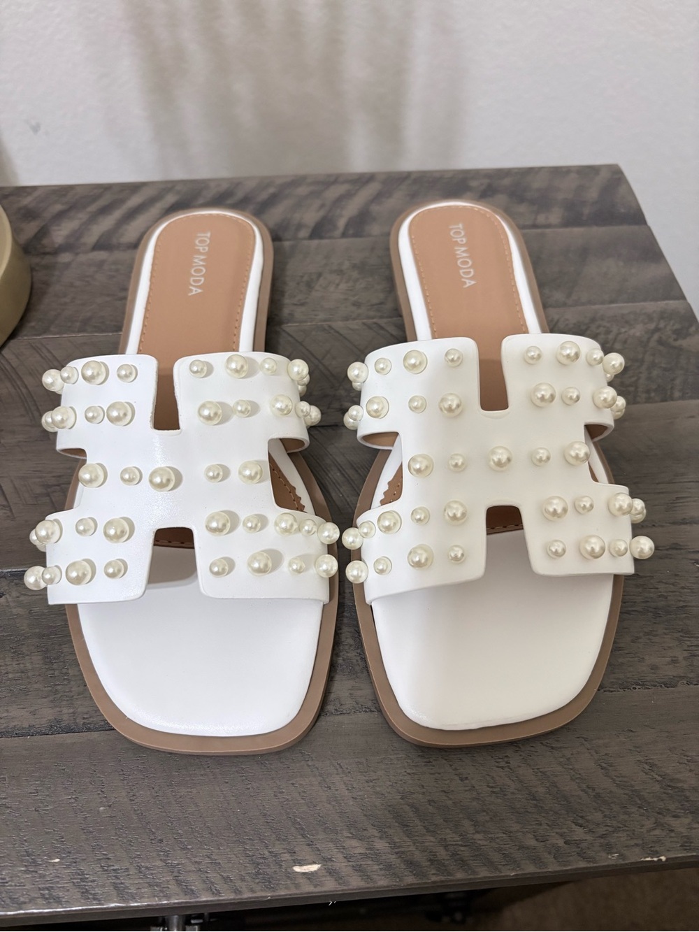 TOP Moda White Pearl-Stud Slide Sandals for Women
